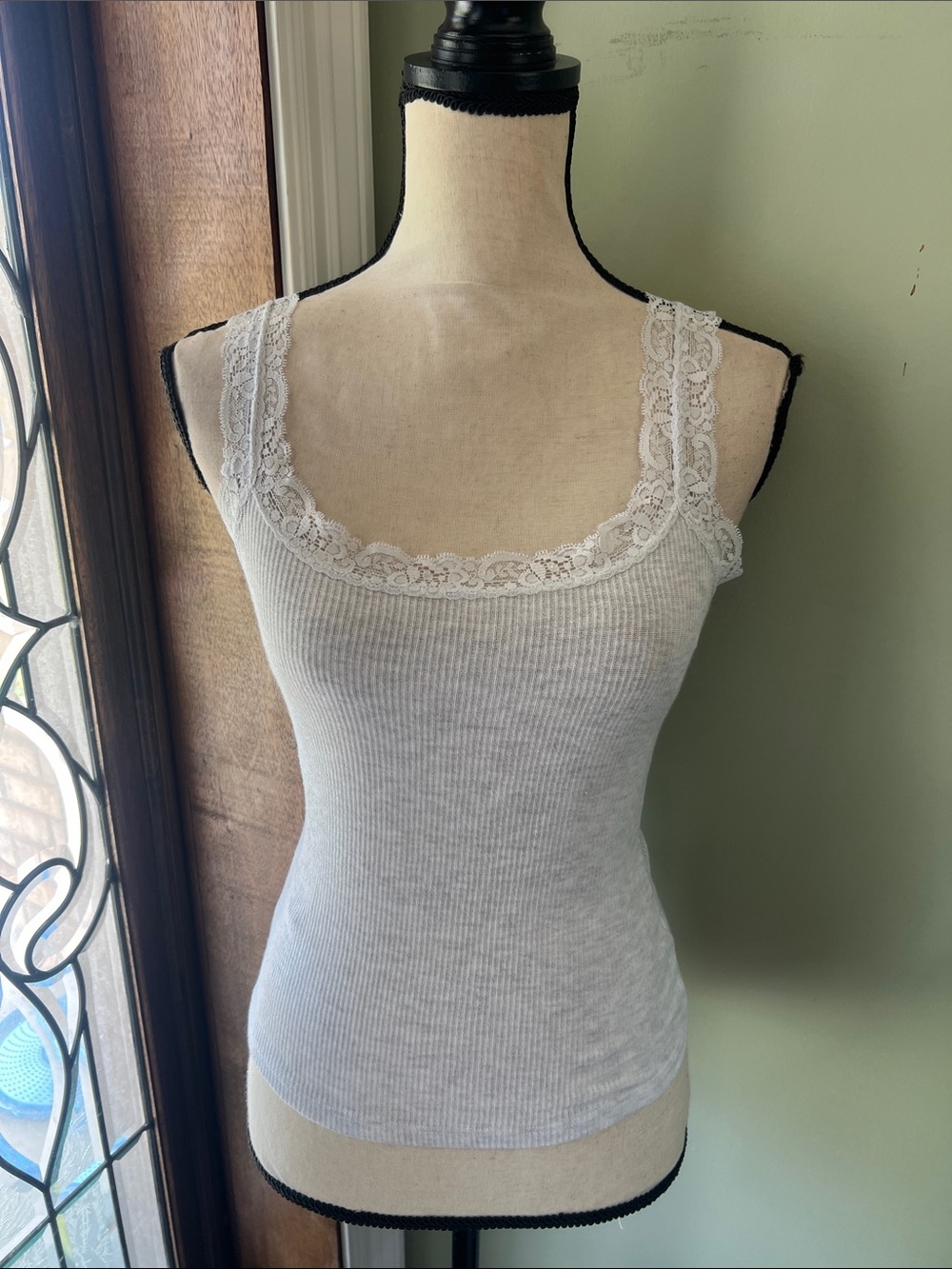 Pink Rose White Lace-Trim Ribbed Cami